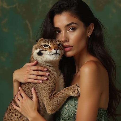 Woman hugs an exotic animal. Soft natural light enhances the warmth of the scene. Green and brown background complements the subjects. Eye-level perspective highlights intimacy.