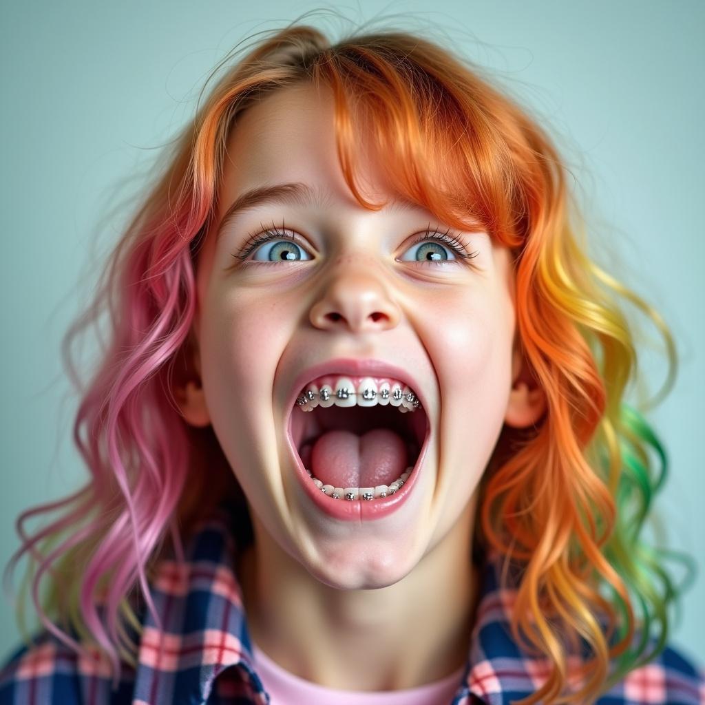 Teen girl with vibrant, colorful hair opening mouth wide, showing braces. The image captures a fun and expressive moment.