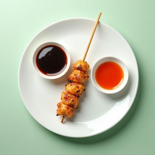 Minimalist food scene. Clean white round plate. Single skewer of grilled pure chicken. Uniformly cut chicken pieces. No gaps on the skewer. Cooked golden brown with grill marks. Two small dipping dishes. One with dark teriyaki sauce. One with red-orange sweet and sour sauce. Smooth matte light green background. Gentle soft lighting. Sharp focus on details. Captured from top-down angle. Professional food photography style.