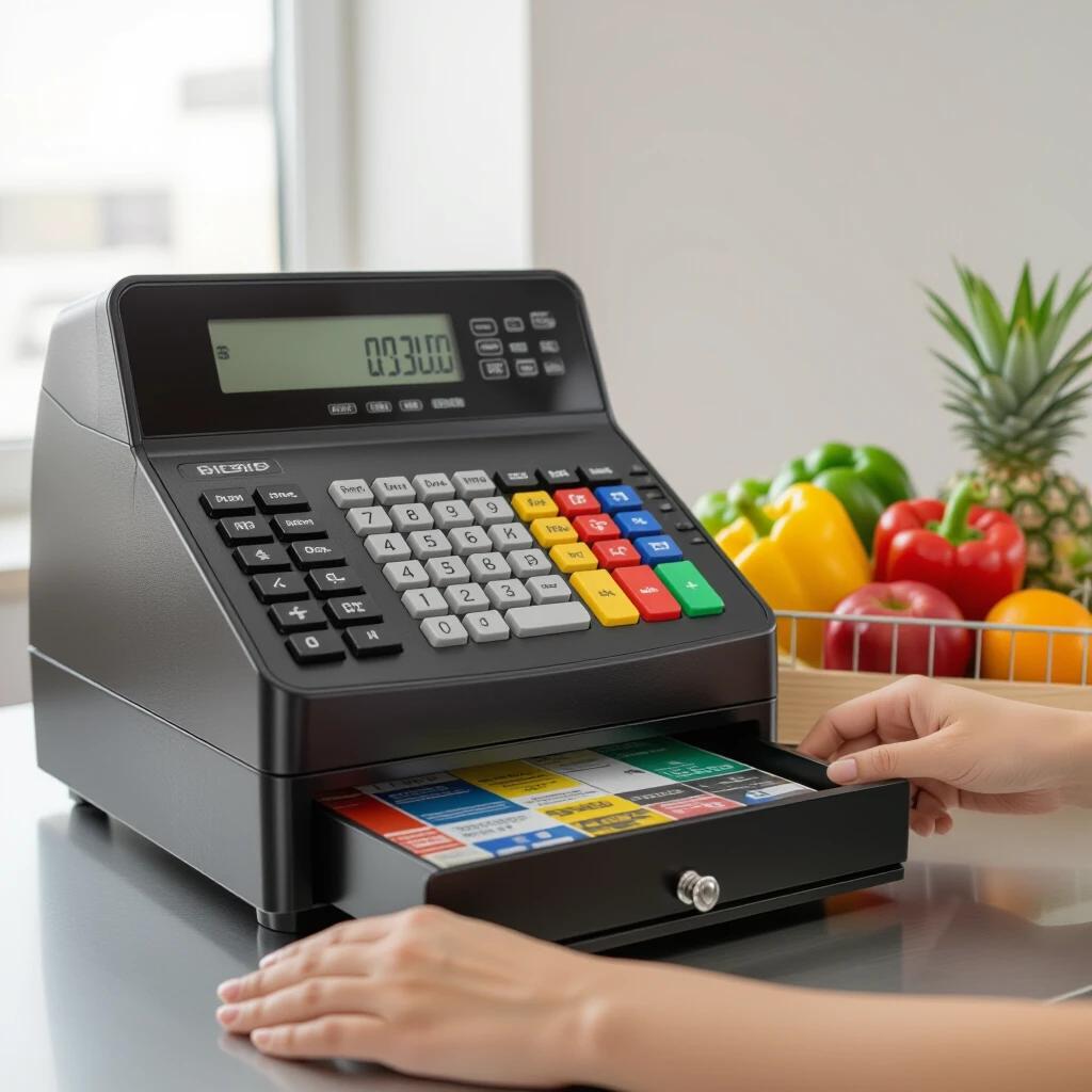 A market cash register is placed on a countertop. It features colorful buttons and a digital display. Fresh fruits are in the background. The scene is illuminated by natural light from a window.