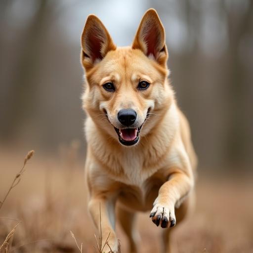 A dog joyfully running in a natural outdoor setting. The dog's expression is joyful and energetic. The background includes grass and trees, indicating a forested or open area.