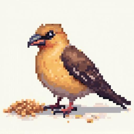 An 8-bit pixelated bird eating from the floor. No background, transparent