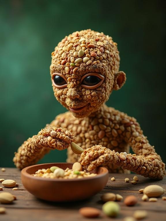 Humanoid figure made entirely of edible nuts like almonds and pistachios sits at a wooden table. It delicately picks up granola pieces from a handcrafted bowl. The figure's arms and hands are made of nuts. Soft green lighting creates a serene atmosphere.