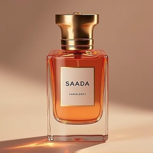 Perfume bottle for a brand named Saada. Elegant design with amber liquid and a golden cap. Label clearly visible. Soft lighting enhances the product's appeal.
