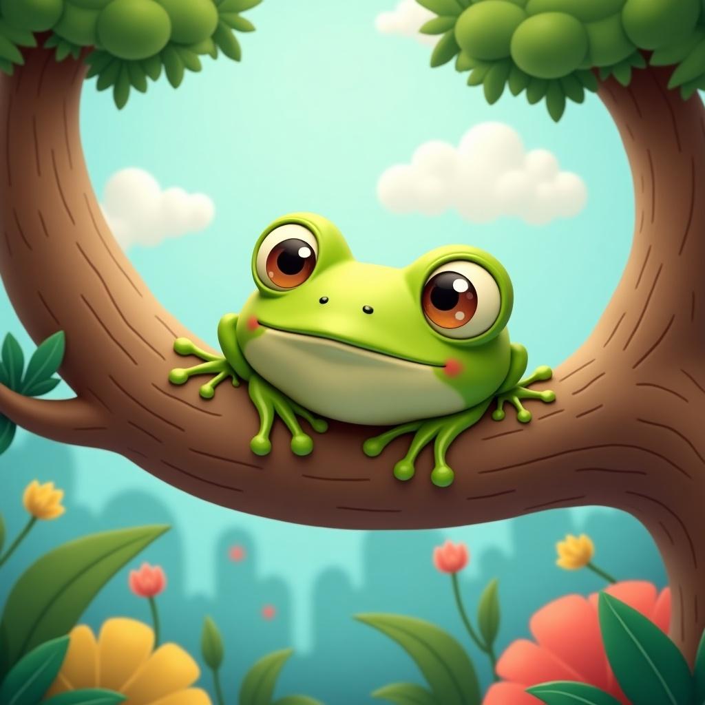 Cartoon green frog on tree branch. Whimsical colorful environment. Soft shapes and vibrant elements in background.