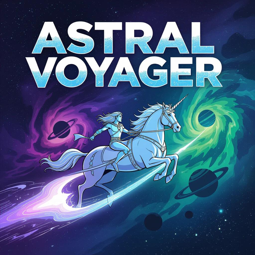 Cosmic centaur rides through a starry sky. Silver chariot glows with astral energy. Psychedelic nebulas swirl in purple, electric blue, and emerald green. Silhouettes of distant planets visible. Large logo 'Astral Voyager' integrated in fluid letters with an energy wave effect.