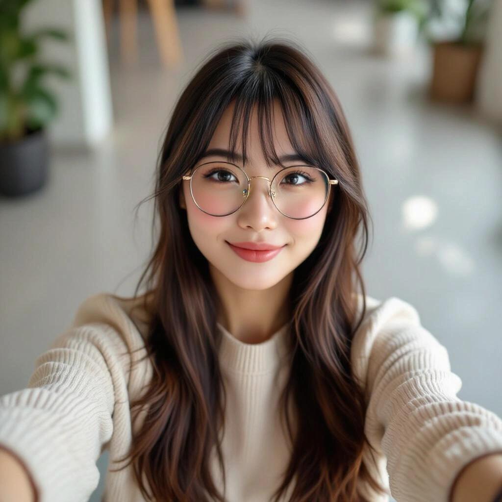 Asian woman with long hair and bangs wearing glasses takes a selfie from above. She has rosy cheeks and is smiling.