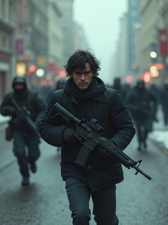 Photorealistic image of an unarmed assassin running through city streets. Dark-haired man escaping from soldiers chasing him in modern Moscow.
