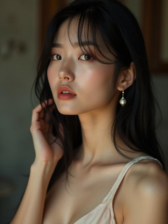 A close-up portrait of a female model with long black hair and a soft expression. She has smooth shiny skin and is wearing long earrings. The lighting is dramatic, enhancing her features. The model's eyes are lively, creating an engaging atmosphere.