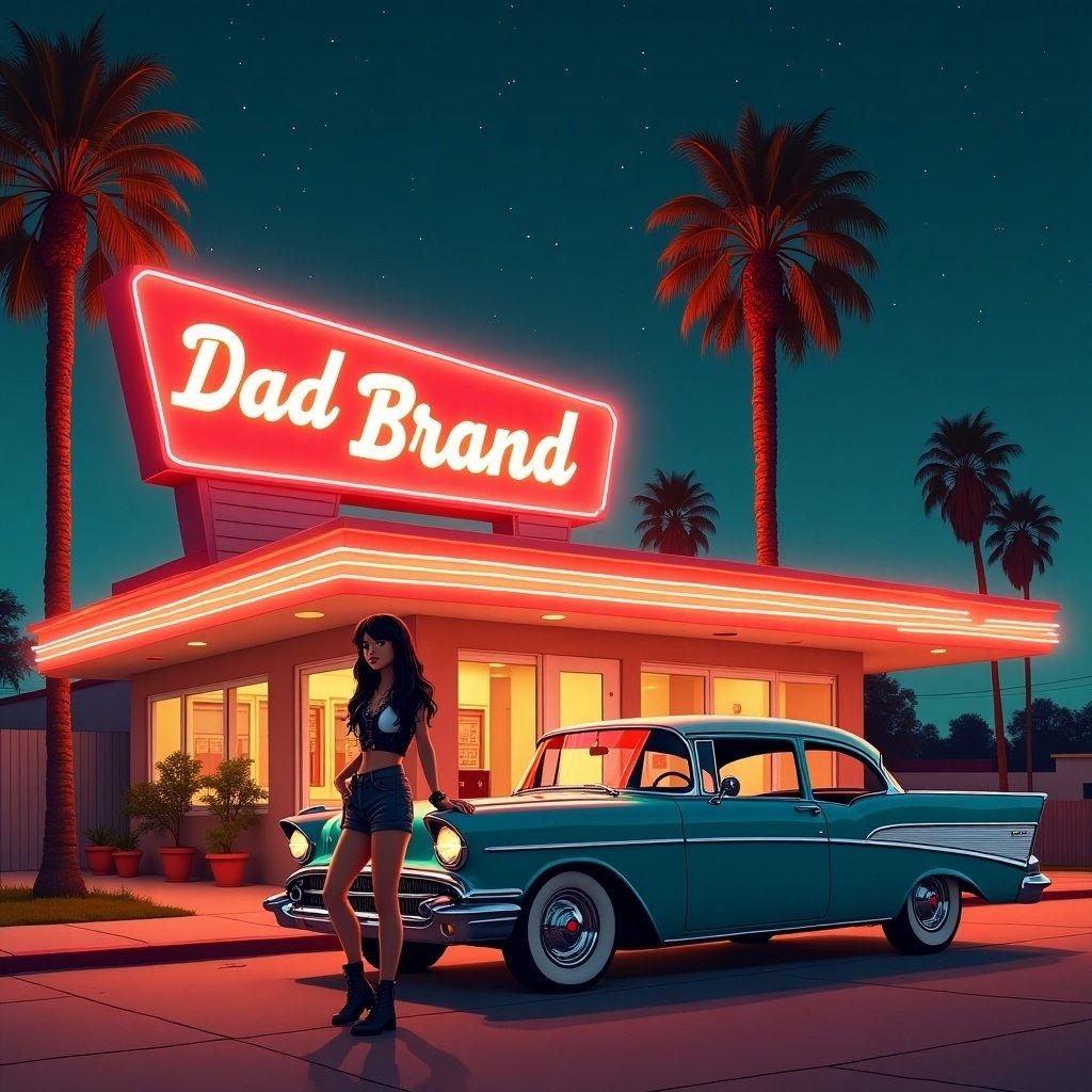 The image shows a vintage motel named 'Dad Brand' with neon lighting at night. A vintage car is parked in front. Tall palm trees are in the background under a starry sky. The colors are vibrant with red, orange, and soft blue. The atmosphere conveys nostalgia and adventure.