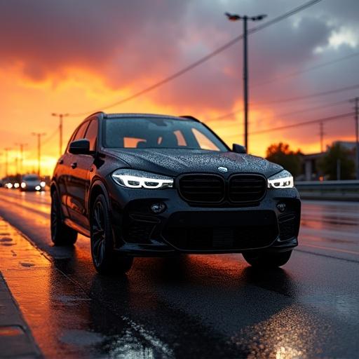 Hyper-realistic luxury black SUV parked on wet asphalt road during golden hour. Scene captured from low angle near front left wheel. Glossy reflective surface with water droplets. Sleek body lines and aggressive stance. Headlights emit soft white glow reflecting in rain-soaked pavement. Background has dramatic sunset clouds in warm orange and muted purple tones. Road and distant vehicles are slightly out of focus. Ultra-realistic lighting with photo-grade textures.