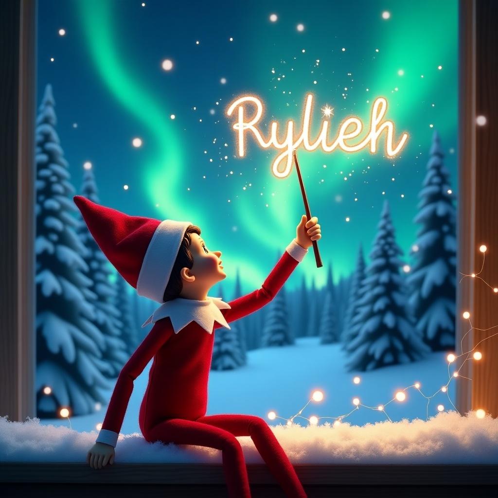 This image depicts an elf on the shelf with its back turned, gazing at a beautiful magical sky. The elf uses a wand to trace the name 'Ryleigh' in the air, creating a sparkling effect. The background features a winter wonderland with snow-covered trees and vibrant northern lights. The scene evokes a sense of wonder and holiday magic. It captures the spirit of Christmas and the idea of personalization for children celebrating the season.