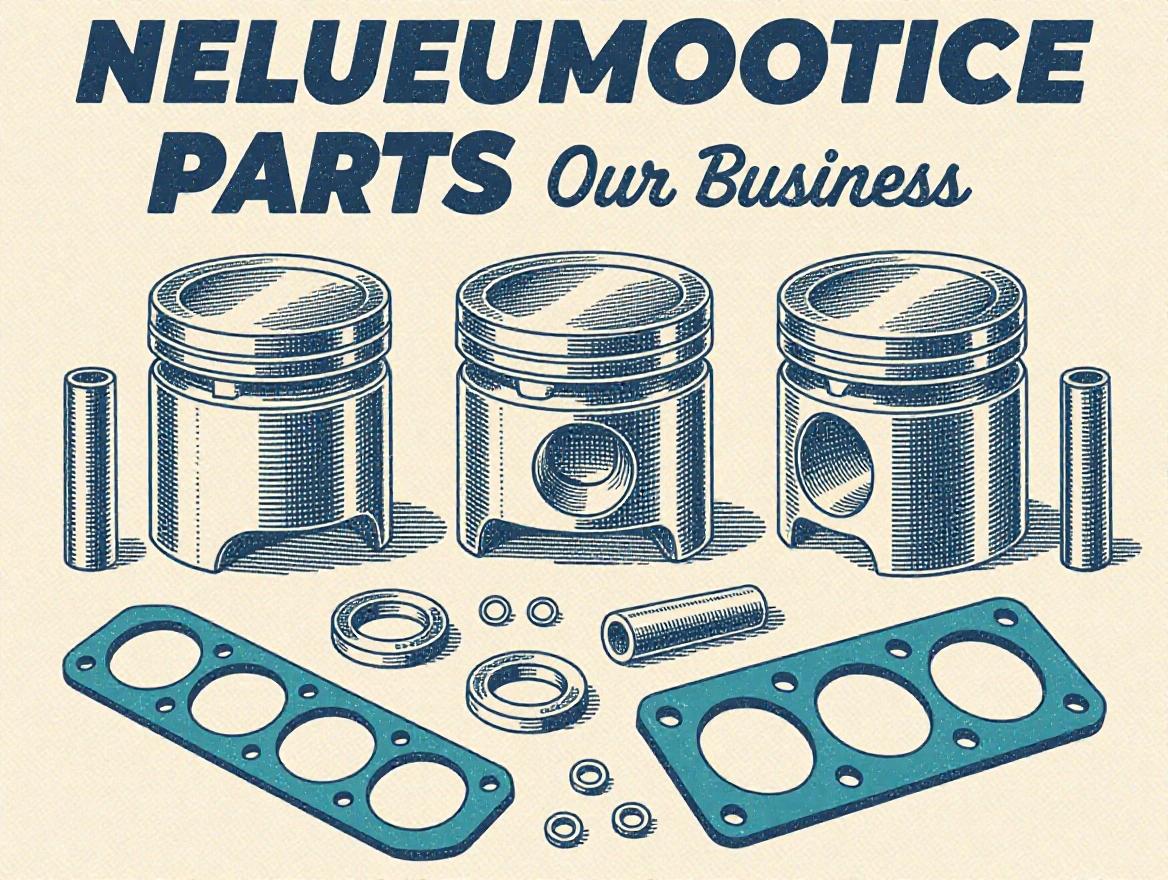 A design for an online automotive parts business featuring pistons and gaskets. Show three illustrated pistons and several gaskets with a vintage style. Title text includes 'PParts Our Business.'