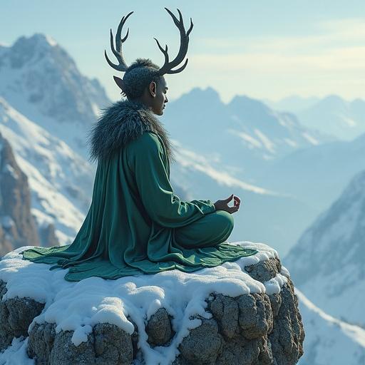 Forest spirit in meditation on snowy mountain peak.