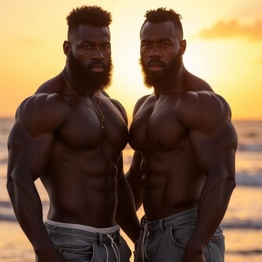 Two muscular and stocky bodybuilders from Ivory Coast embrace each other. Defined muscles and strong features. Dark skin with strong beard and chest hair. They sweat heavily under sunset at the beach.