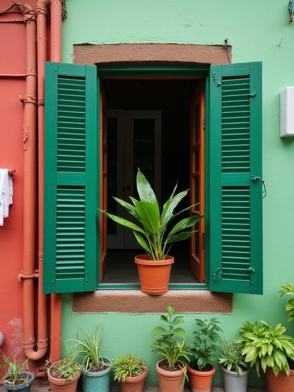 Photograph captures a window with green shutters. The window is open and has a wooden frame. A potted snake plant is placed on the windowsill. Below, several smaller potted plants are arranged. The wall is green, with a red section to the left. A white door is visible in the background, along with white laundry hanging above. Pipes run vertically and horizontally along the wall. The setting feels rustic and urban, filled with natural light during the day. The wall appears slightly worn and textured. The small white door has glass panes. The scene showcases various shades of green and red, creating a casual and cozy atmosphere. It reflects an urban garden vibe with small outdoor plants and window planters, emphasizing the contrast of green and red colors.