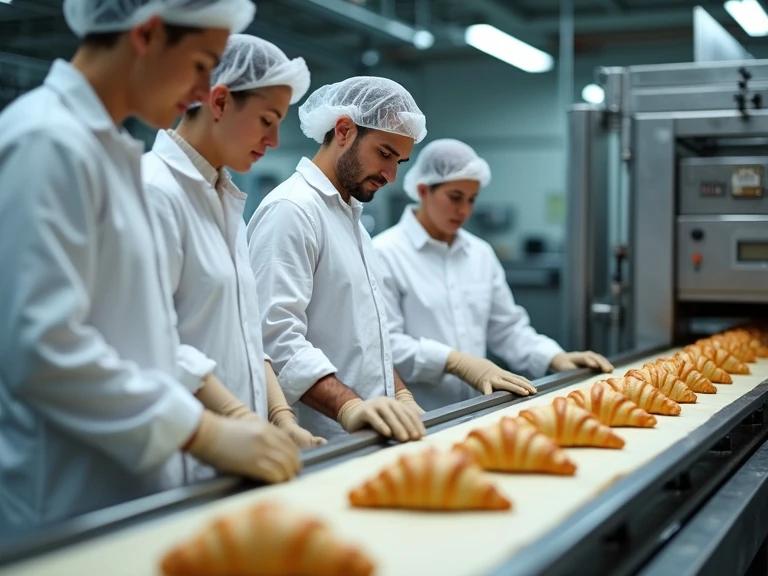 High-resolution image showing skilled workers in a bakery factory. Workers in clean white uniforms alongside a croissant production line. Automated machinery shapes dough. Lighting highlights the golden texture of dough. Professional production environment with a blend of technology and expertise.