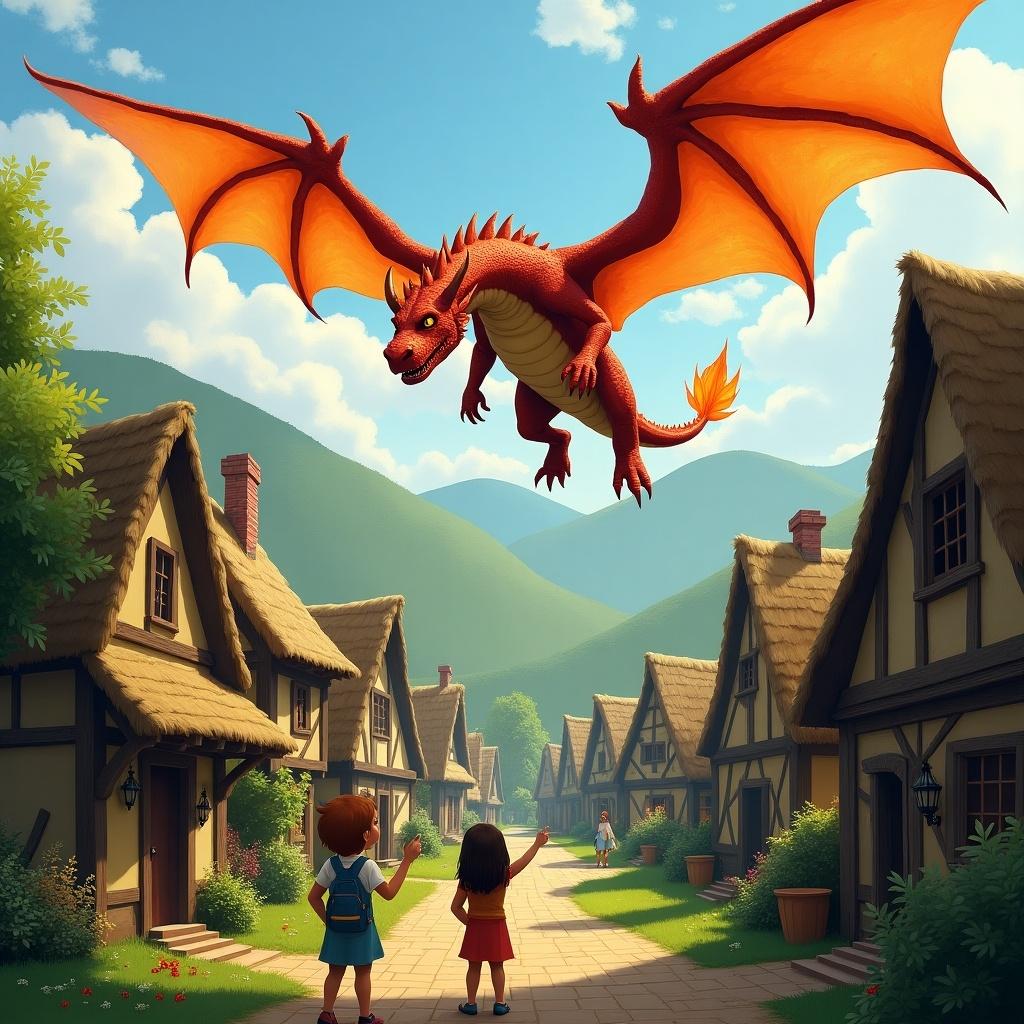 A majestic dragon with fiery orange wings soars over a quaint medieval village. The thatched-roof cottages, nestled among lush verdant hills, exude a peaceful charm despite the dragon's presence. Villagers, mostly children, appear excited and awed, pointing up at the mythical creature, suggesting an atmosphere of wonder rather than fear. The scene is set on a bright sunny day, enhancing the vibrant colors of the landscape. The dragon's scales glisten in the sunlight, captivating the children below. It embodies a spirit of adventure and fantasy, inviting viewers into a magical world.