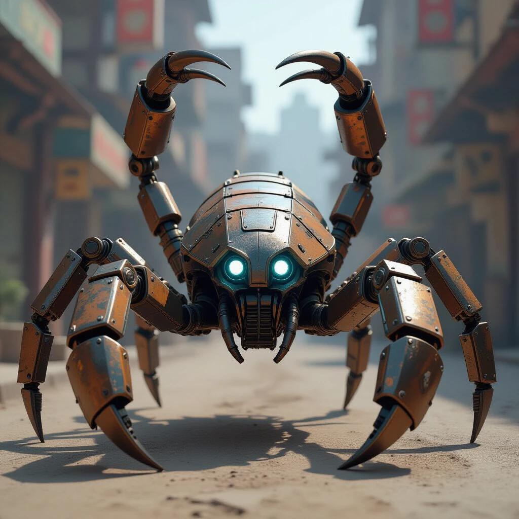 Large mechanical scorpion in realistic 3D style blending dieselpunk, steampunk, and industrial design. Six rear legs armored with bronze and steel plating, exposed gears and rivets. Two mechanical antennae with metallic detailing. Intimidating face with four glowing blue eyes resembling blades. Blade-like front limbs and articulated claws. Steam vents and copper tubing. Stands on arid desert terrain with dust. Raised stinger tail and detailed mechanical texture. Mood lighting highlights design.