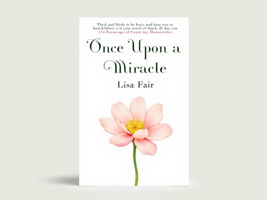 This image features a beautifully designed book cover titled 'Once Upon a Miracle' by Lisa Fair. The cover is predominantly white, which gives it a clean and fresh look. A delicate pink lotus flower is illustrated at the center, symbolizing purity and beauty. The title is elegantly written in a stylish font, with green accents that resonate well with the flower. Overall, the design radiates a calm and inviting aesthetic, making it appealing to readers.