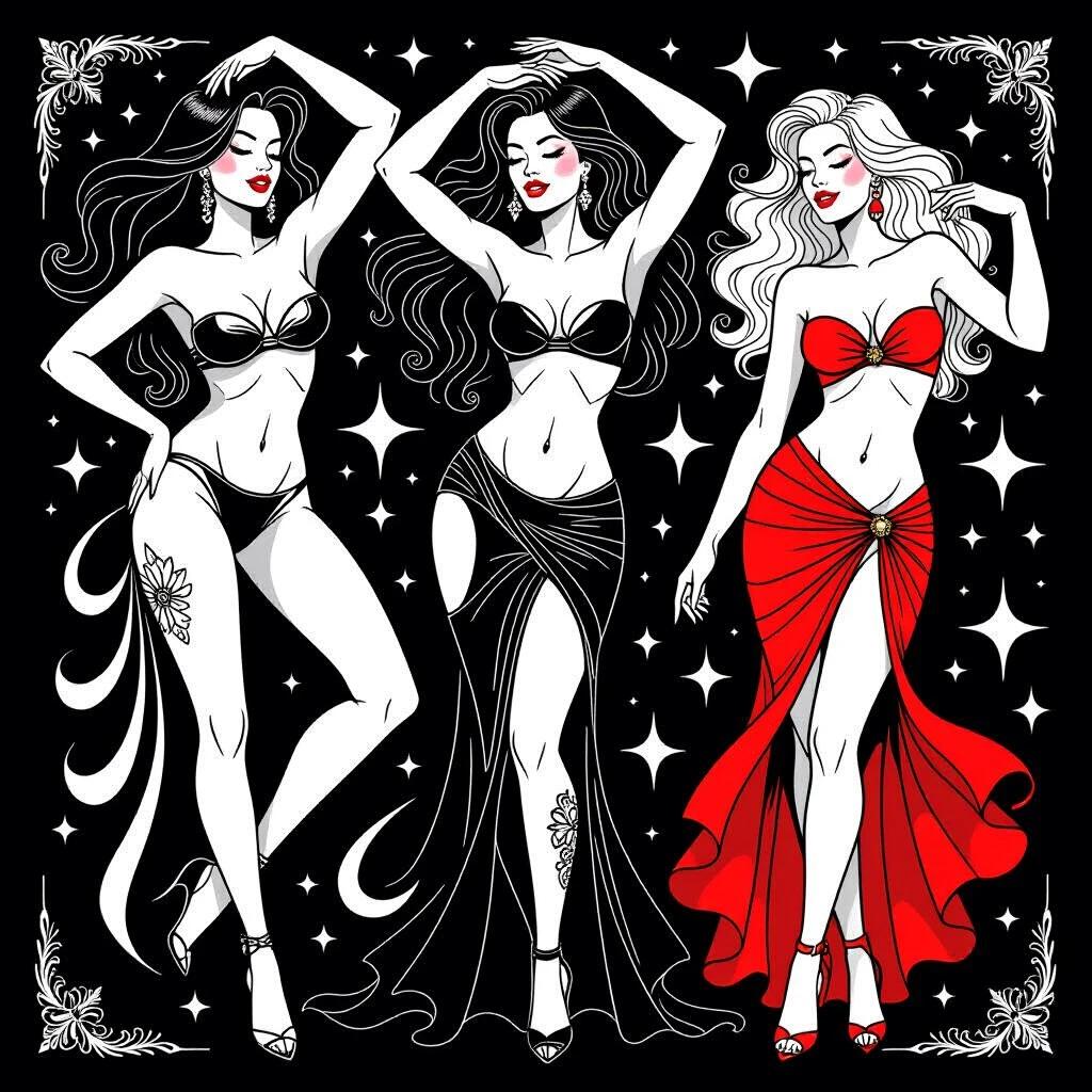 A flash tattoo sheet showcases three exotic women. They are posed dramatically. The women represent different hair colors and styles. Their outfits are stylish and revealing. The tattoo designs are inspired by minimalist techniques. The artwork combines influences from various artists.
