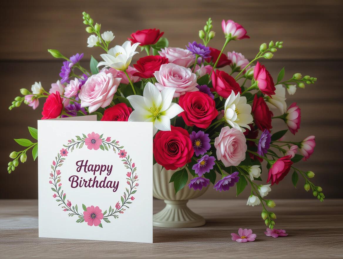 Floral arrangement in a ceramic vase with diverse flowers. Card displays Happy Birthday text with floral decor. Soft natural lighting highlights colors. Peaceful setting on wooden table.