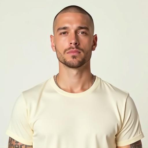 High resolution photorealistic portrait of a male with short hair wearing a cream-colored T-shirt. Image framed from head to just below chest, subject centered with full visibility. Full frontal view, clean-shaven face, neutral expression. Well-lit with soft lighting, simple background. Sharp details and realistic skin tones.