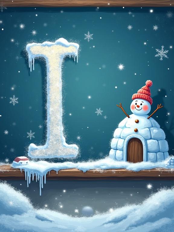 Whimsical cartoon illustration of a frosty blue chalkboard with a cheerful letter 'I' drawn in sparkling white chalk. Features rosy cheeks, stick arms, snowman hat. A melting igloo on the chalkboard ledge with icicle drips and cozy door. Falling snowflakes, chalk-drawn polar bears in background, wooden chalkboard frame with frost. Style: Icy blues, warm accents, glitter textures, playful arctic classroom vibe.