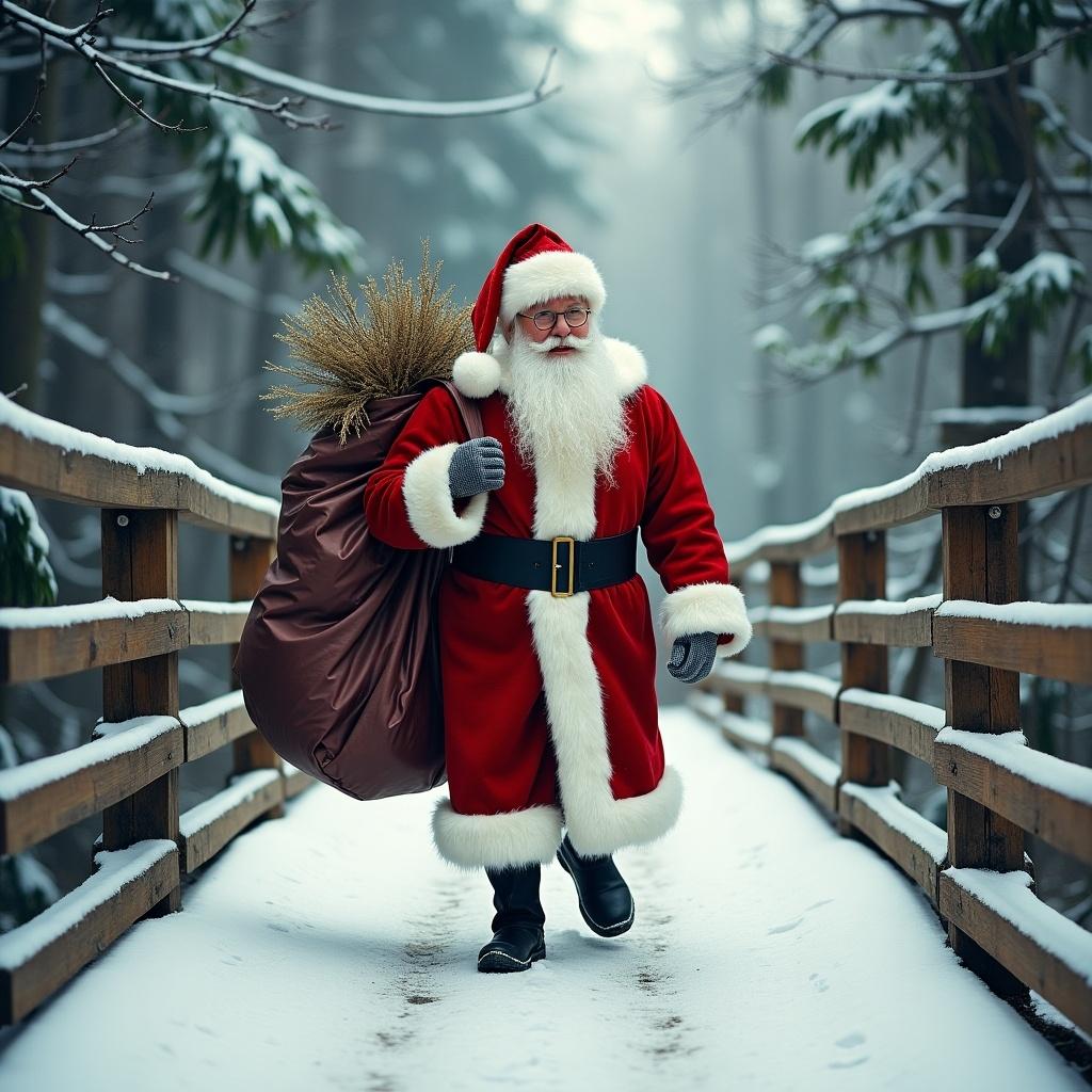 Santa Claus walks on a bridge covered in snow carrying a large bag. The bag appears full and he is wearing a traditional red suit with white trim.