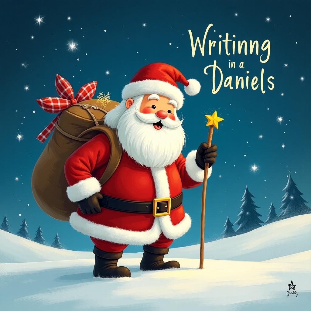 Santa Claus in a snowy landscape with a big bag. Holding a star, smiling cheerfully. The phrase 'Writing in a Daniels' appears in a whimsical font.