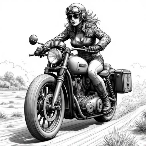 Highly detailed black and white line art illustration featuring a female biker on a vintage motorcycle. Biker wears a retro helmet and leather jacket. Motorcycle is heavily customized with an exposed engine and knobby tires. Scene captures speed with a low-angle perspective and motion blur in the background. Art style is gritty and energetic with sharp lines.