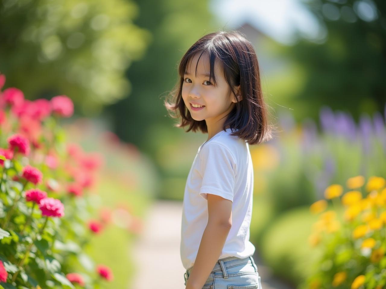 A young Asian girl is walking in a garden, looking over her shoulder with a playful expression. She has shoulder-length hair and wears a simple white t-shirt with denim shorts. The garden is vibrant, filled with colorful flowers like roses and daisies. Bright sunlight illuminates the scene, creating a cheerful atmosphere. The background features various plants and a pathway leading further into the garden.