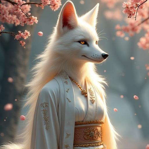 A fox goddess with white fur and golden eyes wears a shrine maiden robe. She stands under cherry blossoms, glowing faintly. A breeze stirs her hair and tail. Floating spirit wisps illuminate the forest dusk. Her expression is gentle as she confesses to a mortal. Realistic fur detailed, divine atmosphere.