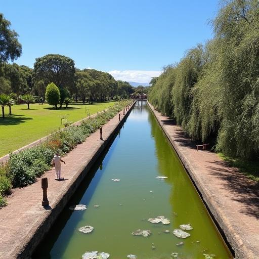 Scenic view of Balneario de Pimentel in Chiclayo, Peru. Lush green park with a long rectangular water channel. Trees line both sides of the waterway. Bright sky with minimal clouds. A person walking along the pathway beside the water.