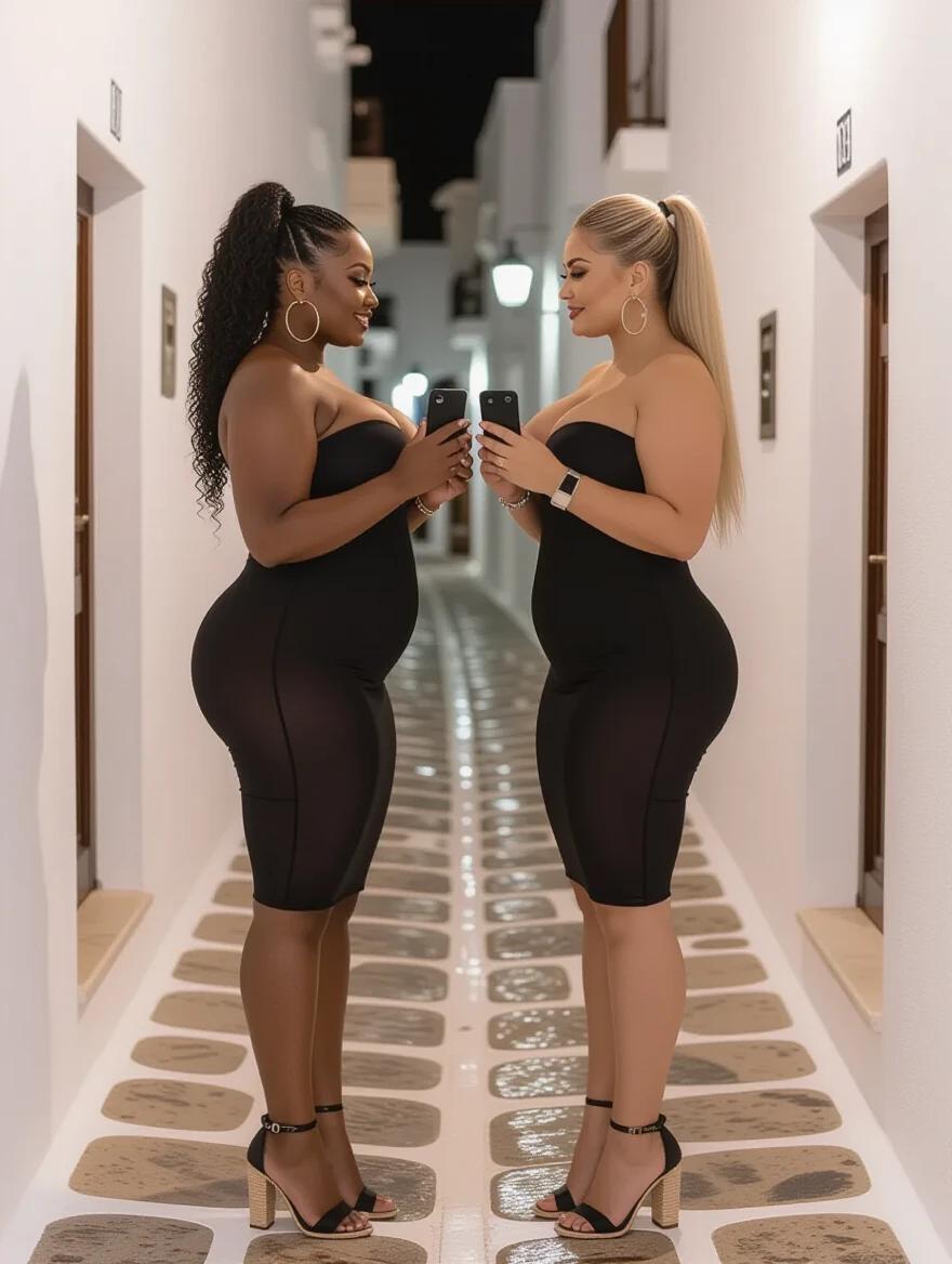 Two women in black strapless dresses stand facing each other. Both have hourglass figures and are identical in height. One woman has black curly hair and the other has straight blonde hair. They hold iPhones closely together. The setting is a narrow alley in Mykonos at night.