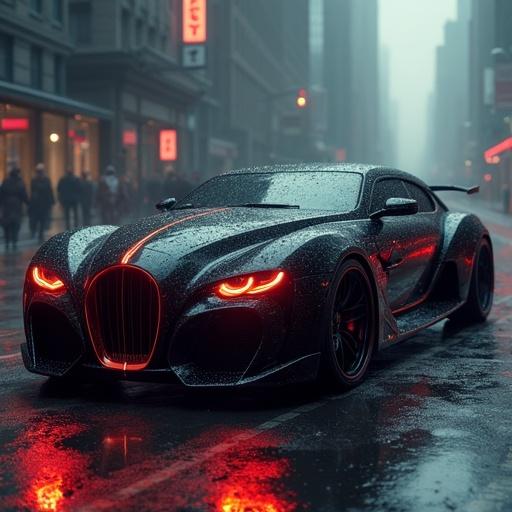 A luxury hyper-limousine in a rainy urban setting. The car has a sleek black body with striking red accents. Powerful luminous eyes and aggressive lines showcase advanced engineering. Diamond-weave armor provides defense. Streets are dimly lit with reflections on wet pavement. The car looks exclusive and intimidating.