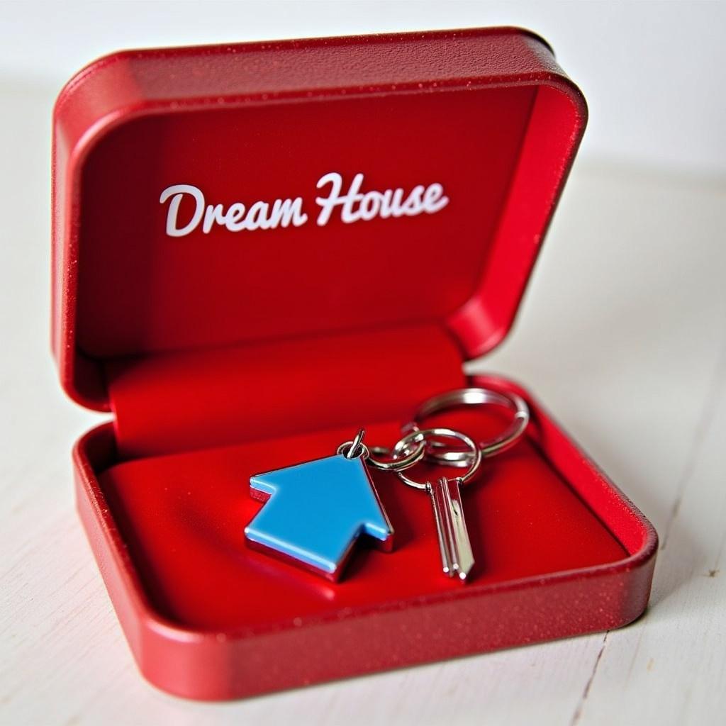 An open jewelry-style box with a bright red interior. Inside is a keychain featuring a silver key and a blue house-shaped charm. The interior displays the phrase 'Dream House' in white text. The glossy box symbolizes the dream of owning a home.