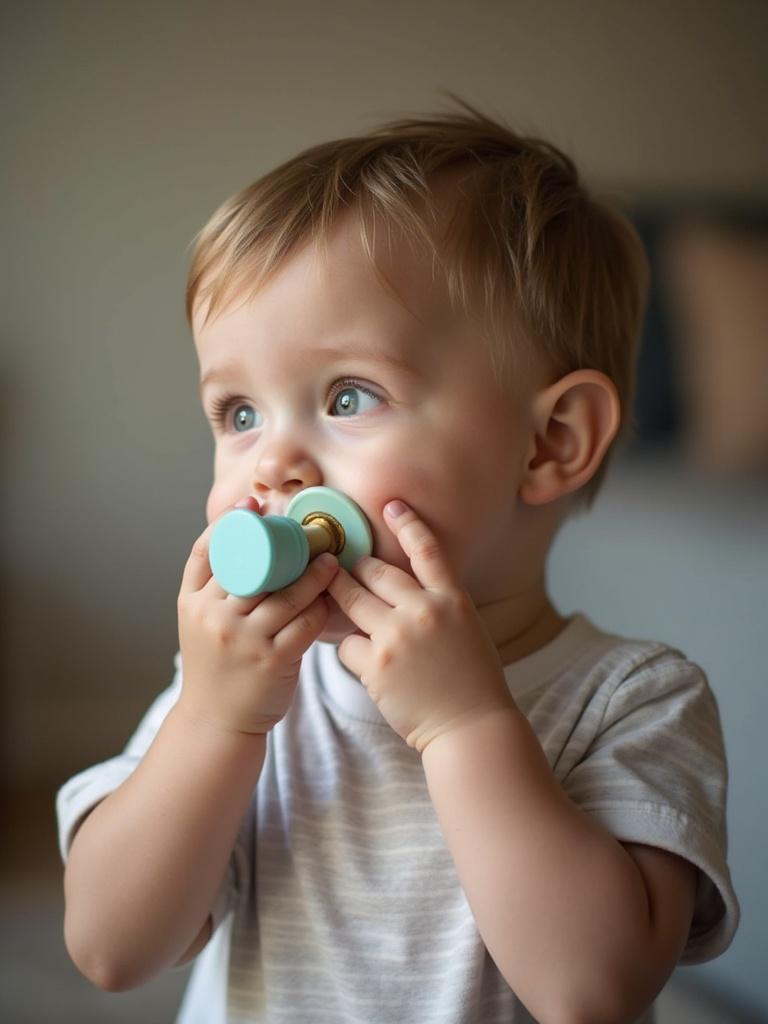 A child holds a pacifier. The child looks curious. Soft lighting highlights the child's face. A blurred background adds depth.