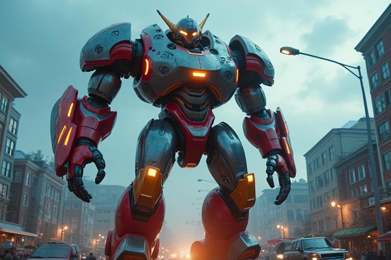 Create an image of a huge metallic robot standing in a town street. The robot is made of red, blue, yellow, black, and dark silver metal. The scene features cloudy weather with city traffic, people, stores, and light poles. Soft reflections and small hole patterns give it a realistic look.