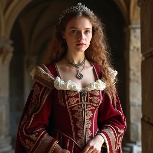 Hermione character styled in a decorative medieval gown with a crown and ornate jewelry. Background features an arched architectural structure. Warm, soft lighting highlights fabric textures.