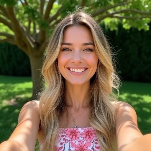 Portrait of a smiling woman with long wavy blonde hair taking a selfie in a green garden. She wears a floral dress with pink and white patterns. The backdrop includes a tree and grass, creating a sunny atmosphere. Soft lighting enhances the warm summer feel.