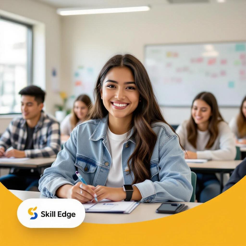 Instagram ad image for Skill Edge. Students are learning AI in a vibrant and youthful classroom. Main model engages directly with the viewer. Dynamic feel enhances the atmosphere.