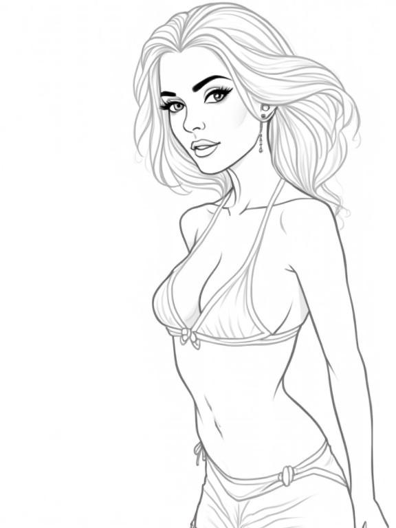 Close up portrait of a woman wearing a bikini. The image is a vector illustration in black and white. It features an outline style, highlighting the woman's silhouette.