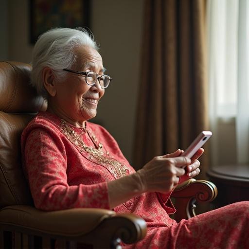 An elderly Indonesian woman aged 65 sits on a rocking chair. She holds a smartphone showing something interesting to her 7-year-old granddaughter. They are in a living room with warm accents and some furniture. The background is blurred and has a bokeh effect.