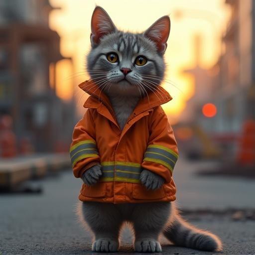 A realistic-looking cat in a safety uniform with a sad face and teary eyes. The cat has low ears and a dragging tail. The background depicts a construction site at dusk.