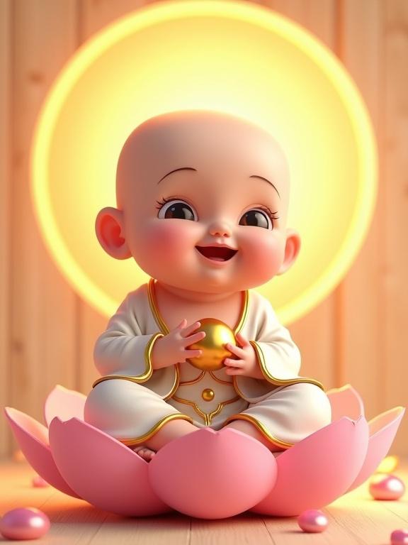 A chubby baby Buddha smiling while wearing white and gold monk robes. Sitting on a pink lotus flower. Holding a golden bead. Background with light wood grain. Bright orange and yellow halos. Scattered pink spheres. 3D rendered image. Soft warm lighting.