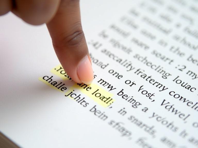 Close-up photograph of a primary school English textbook page. Text discusses vowels and their importance in speech. A Nigerian child's finger points to a highlighted sentence. The background is blurred for focus.