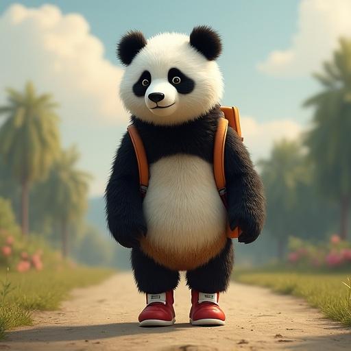 A cute panda character walks on a path towards school wearing only socks and a backpack. The panda looks disappointed and says he can't miss class.