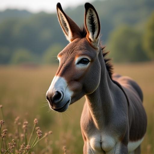 A donkey is depicted in a rural setting. The donkey has an expressive face. It stands in a grassy area with soft lighting. The background features distant trees and a clear sky.