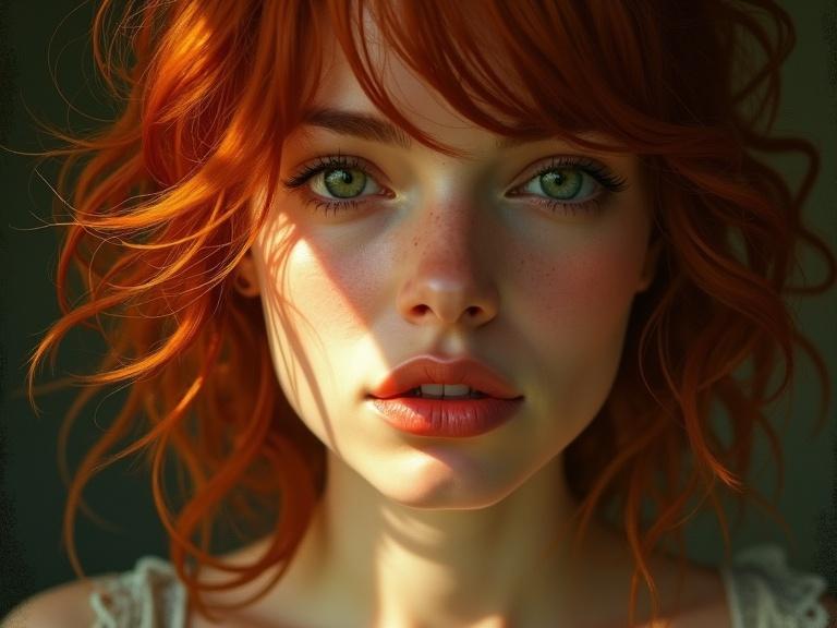 Gorgeous woman with red tousled hair. Sultry green eyes and serene expression. Depressed and introspective mood. Soft lips, vintage and beige tones. Dark background with abstract strokes. Golden-yellow light highlights. Beautiful impressionistic style with expressive brushstrokes. Elegant pose showcasing artistic flair in a half body portrait.